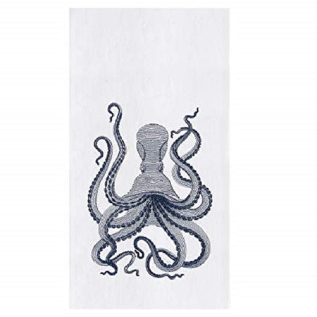 white kitchen towel with embroidered octopus in blue
