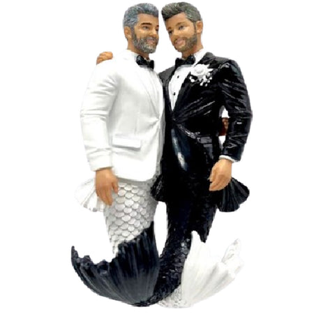 one ornament showing 2 groom merman. one wears a black tuxedo and one wears a white tuxedo.