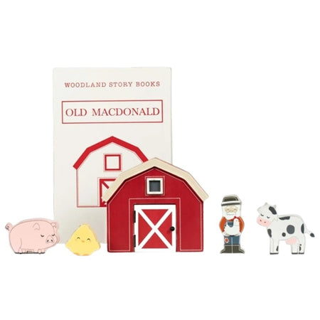 bookshelf display set with text: Woodland Story Books Old MacDonald and 5 cut out pieces that depict the story: Pig, Chick, Old MacDonald, Cow and Barn