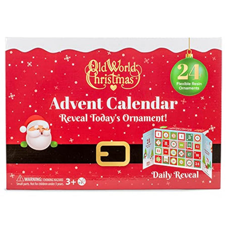 red box with print of black belt like a santa suit. It shows the keepsake box for the advent calendar ornaments.