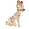 Side view of sitting reindeer crystal figure in gold/tan with red bow and black nose