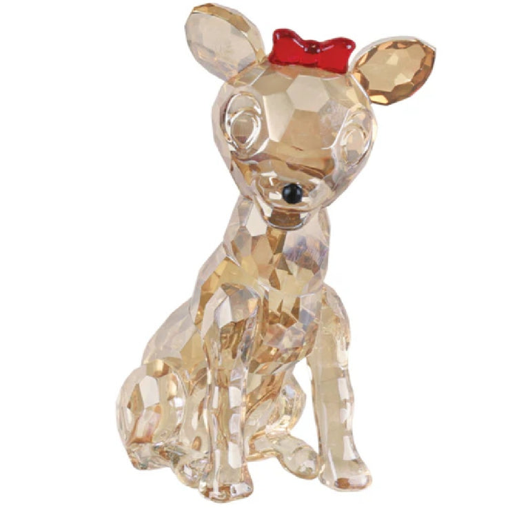 sitting reindeer crystal figure in gold/tan with red bow and black nose