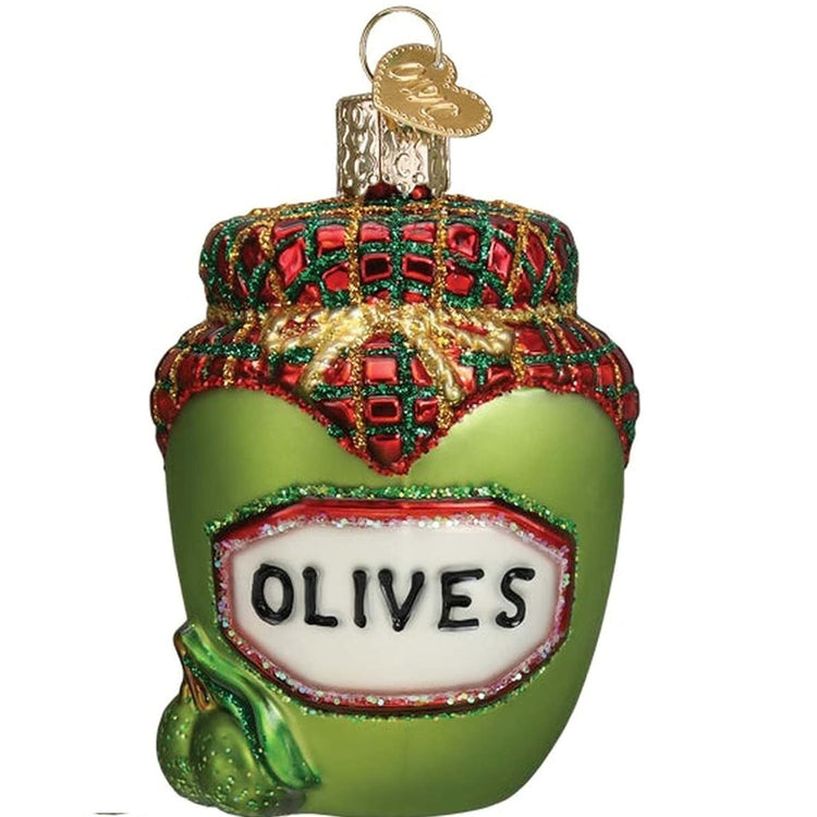 Old World Christmas hand painted glass blown Jar of Olives Christmas tree hanging ornament, 4.25 inches