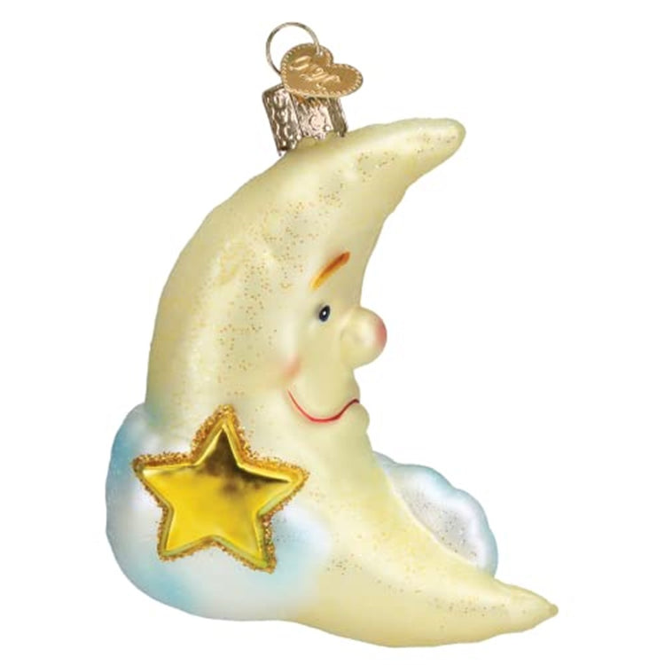 hanging ornament shaped like a quarter moon with clouds and a gold star