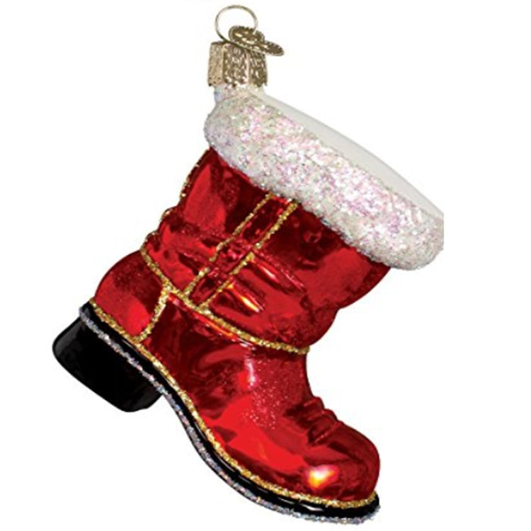 Christmas ornament shaped like Santa's boot with red boot, white fur trim and glitter accents all in blown glass.