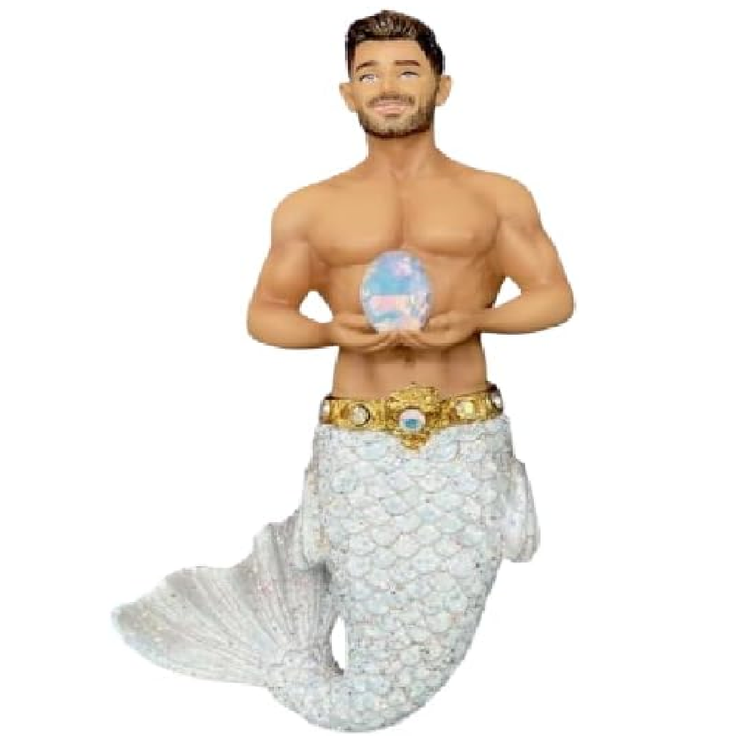 Merman figure with a white glittery tail, holding a opalescent gemstone on a white background