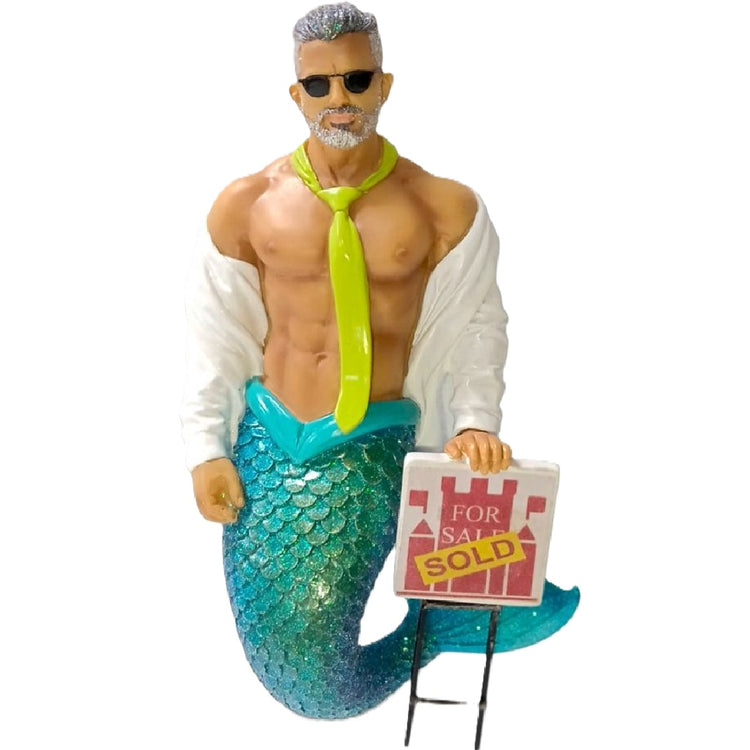 December Diamonds Open House Merman ornament 6-inch blue-green tail white shirt holding For Sale Sold sign collectible