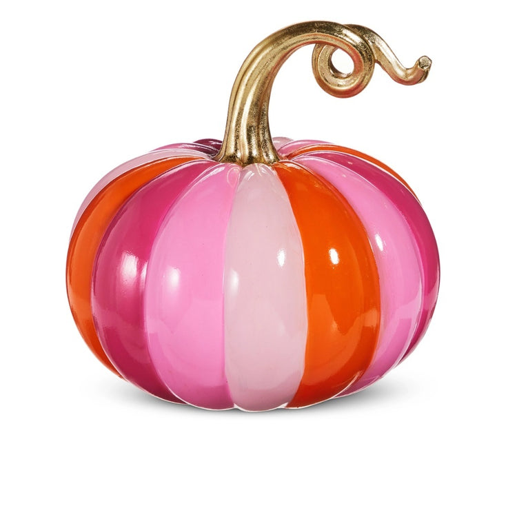 RAZ Imports pink and orange striped resin pumpkin with glossy finish and decorative gold curling stem, 10.5 inches tall