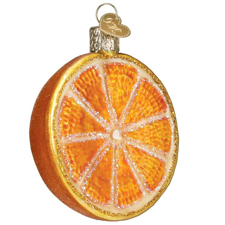 blown glass hanging ornament, with glitter accents, shaped like a sliced orange.