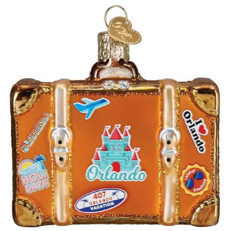 blown glass brown suitcase ornament with travel stickers, orlando theme