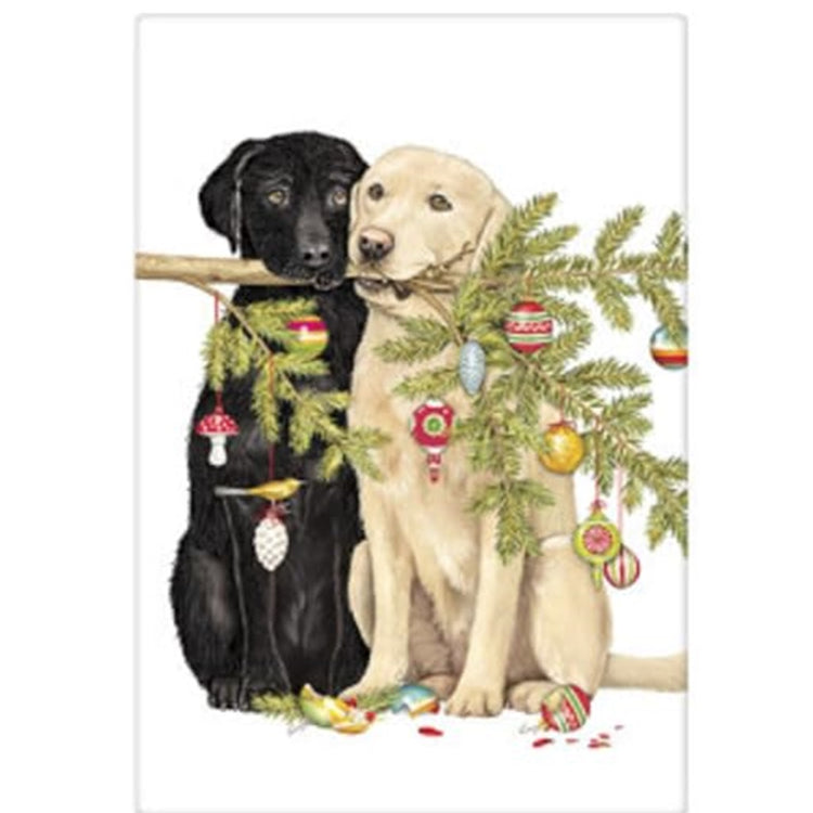 White kitchen towel with a black lab and a yellow lab both carrying the same pine branch decorated with ornament