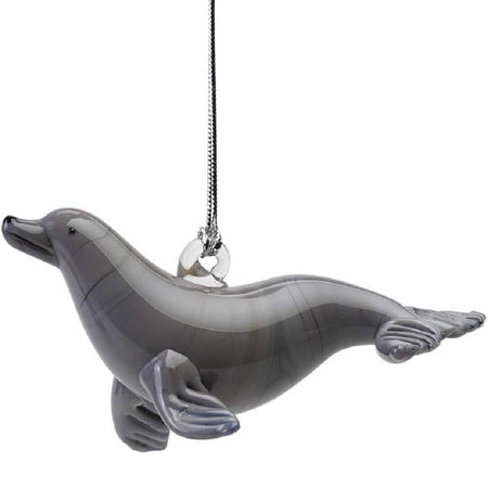 sea lion shaped hanging ornament in grey glass