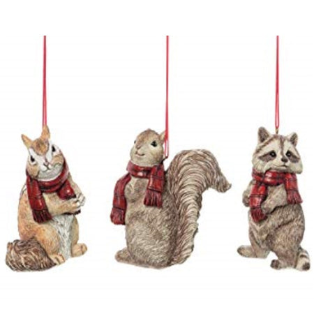 3 tan colored ornaments wearing red winter scarves. 1 each: Squirrel, Chipmunk and Raccoon 