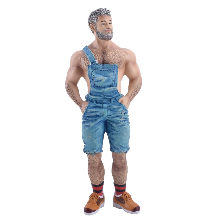 figurine of man wearing shorts overalls, with red socks and brown shoes.