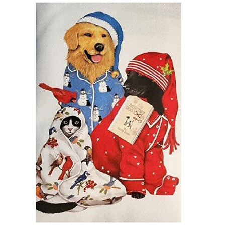 White flour sack towel with 2 dogs and a cat, all in Christmas pajamas