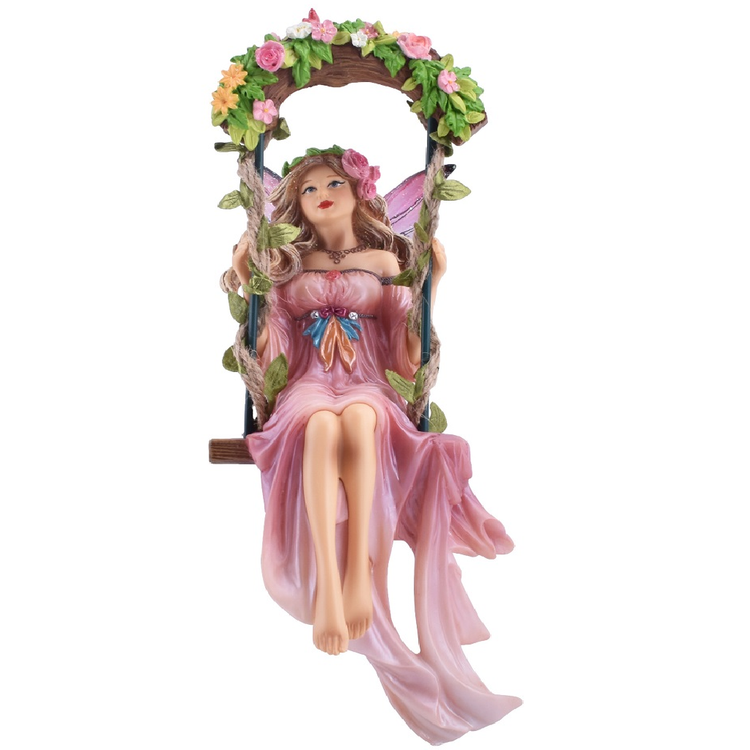 fairy girl wearing flowing pink dress, on a swing made of vines and flowers.