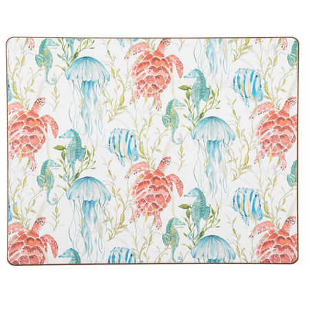 set of 6 coastal hardboard placemats turtle seahorse sea life design 13x16