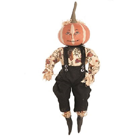 figure with a pumpkin for a head. The pumpkin has a long stem and painted face, he wears black overalls with a tan and fall floral shirt and black booties