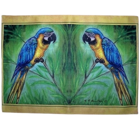 Single placemat with 2 blue mccaw's sitting on branches with green background and gold border.