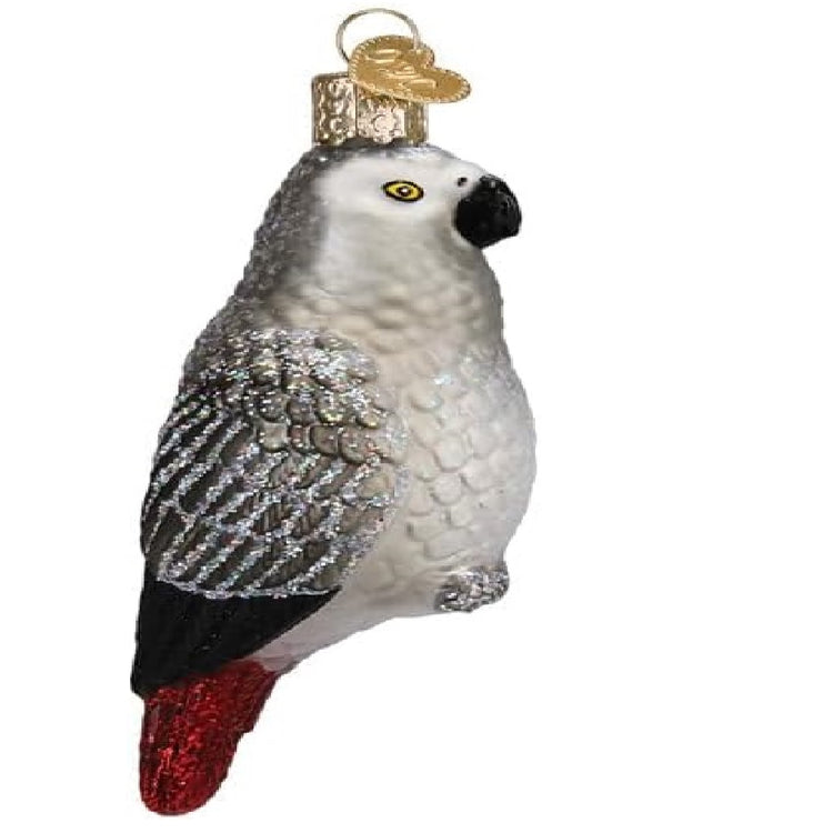 blown glass african grey parrot ornament.