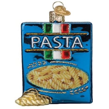 blown glass blue box of pasta ornament