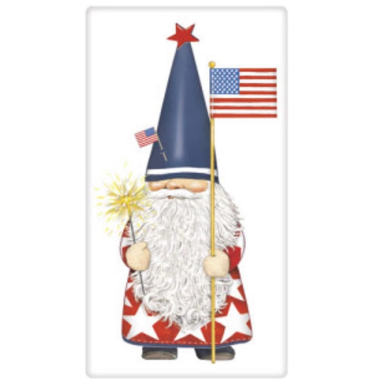 White flour sack towel with a gnome in red and white star outfit, a blue gnome hat, holding a firework and an american flag.