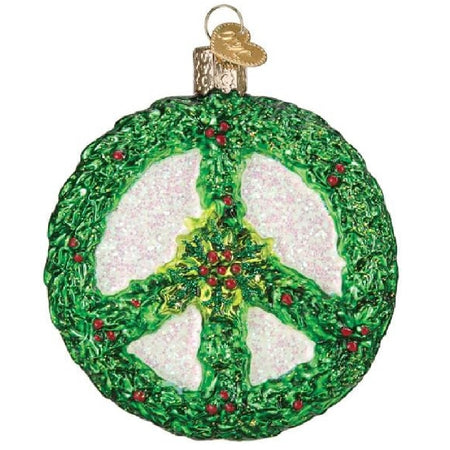 Blown glass hanging ornament, peace symbol made of holly, like a wreath.