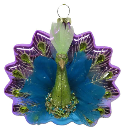 December Diamonds 79-79294 blown glass peacock Christmas ornament with jewel tones and glitter accents