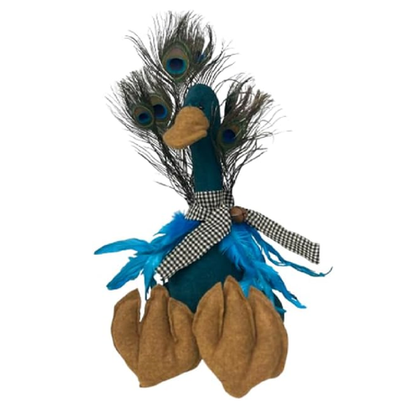 Decorative peacock figure with feathers and a checkered ribbon on a white background