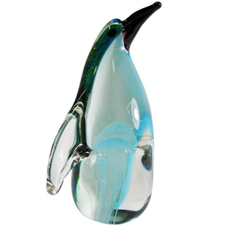 Glass penguin figurine with jellyfish inside clear glass shades of blue 5.75 inches tall