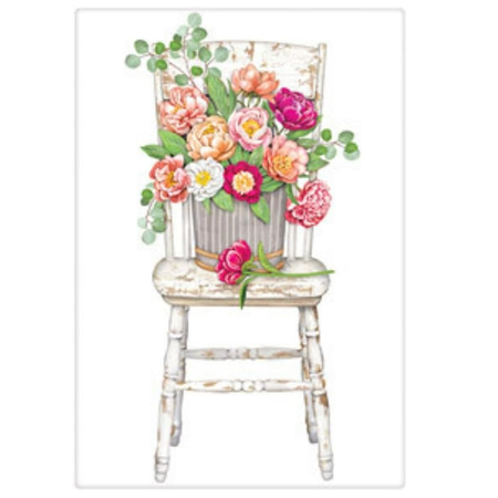 white towel with image of a white antique chair with a bucket of pink peonies.