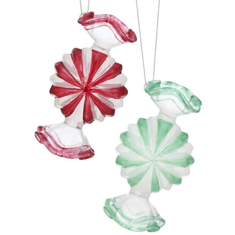 2 peppermint shaped candy ornaments. 1 is red and white or clear and one is green and white or clear.