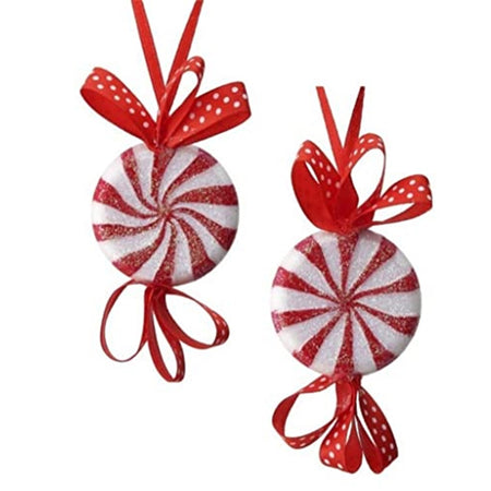 2 red and white peppermint look ornament with red bows with white polka dots.