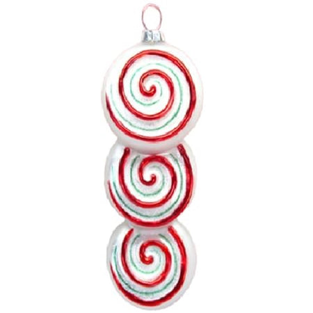 hanging ornament made of 3 glass peppermint swirl candies in white, red and green.