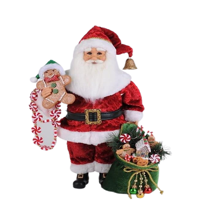 Santa figurine with green bag full of gingerbread and peppermints, he's holding a gingerbread man and a peppermint garland in one hand.
