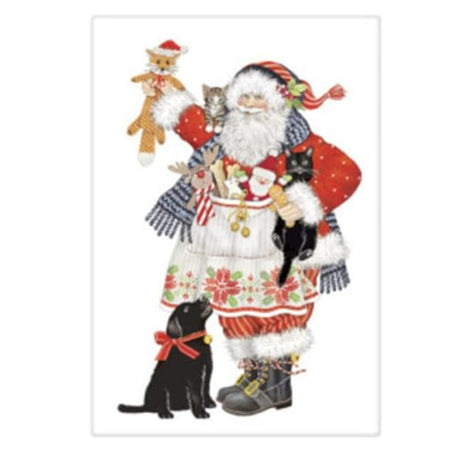 white kitchen towel santa with a black cat and dog and pet toys in an apron