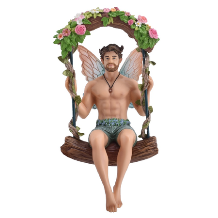 fairy man on swing made of vines and flowers.