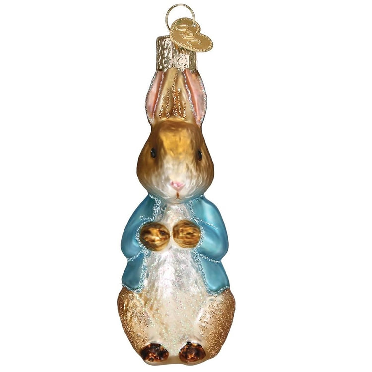 blown glass peter rabbit in blue coat ornament