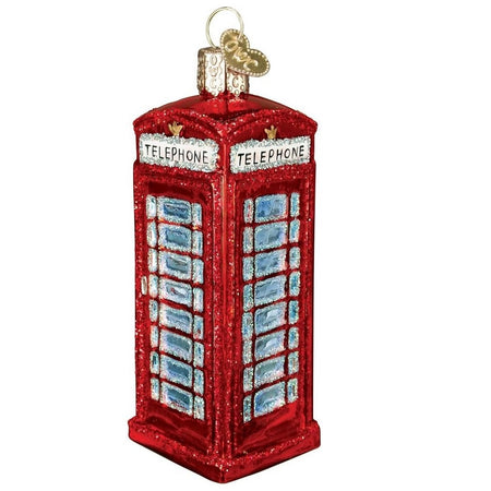 Blown glass ornament, classic red english phone booth with glitter accents.