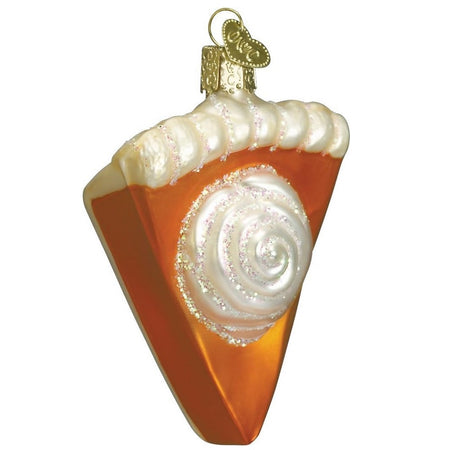 blown glass ornament that looks like a slice of pumpkin pie with whipped cream.