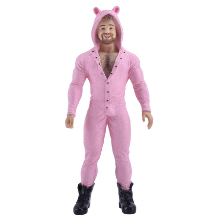 figurine of a man with a beard, wearing a pink jumpsuit with piggy ears, and black boots.
