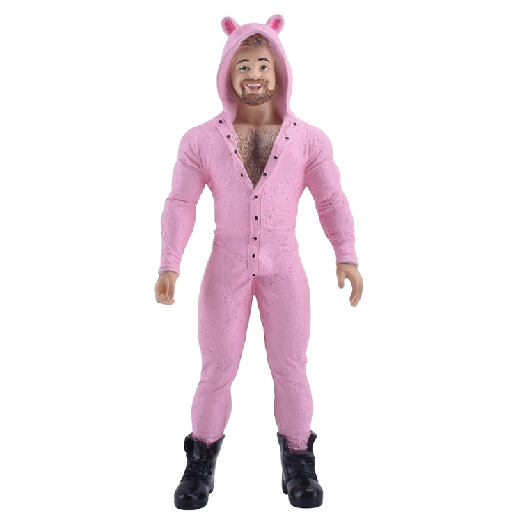 figurine of a man with a beard, wearing a pink jumpsuit with piggy ears, and black boots.