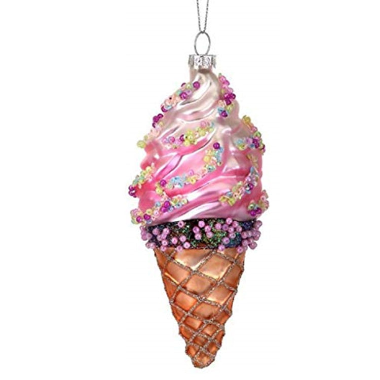 hanging ornament shaped like a soft serve ice cream cone. The ice cream is pink with yellow, blue and purple beads