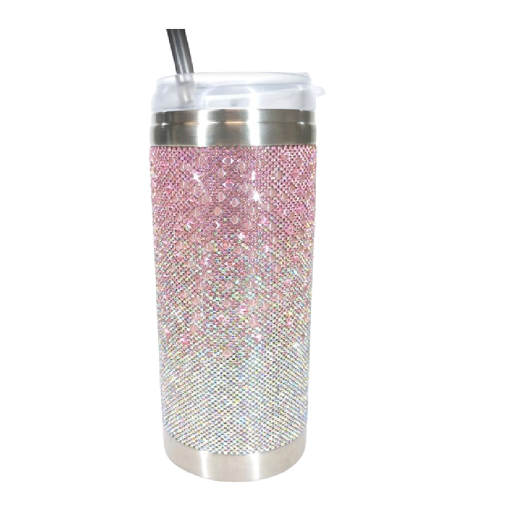 bedazzled tumbler, the colors are light pink and silver in an ombre design.