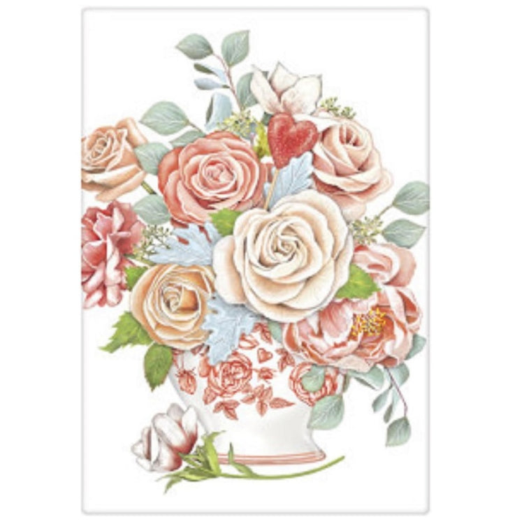 white flour sack towel depicting a vase of pink roses  and greenery