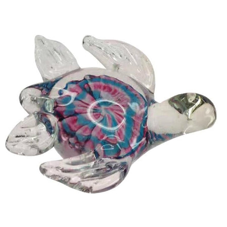 Blown glass turtle figurine, the head, fins and tail are clear and the shell is a pink and blue swirl.