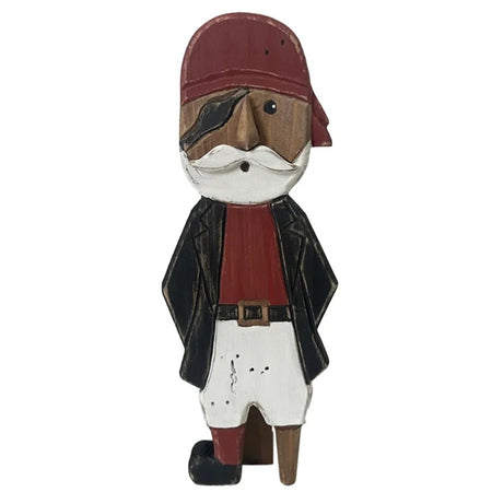 Wooden pirate figure statue made from firwood standing on display with rustic nautical coastal styling, measuring 11.75 inches tall.