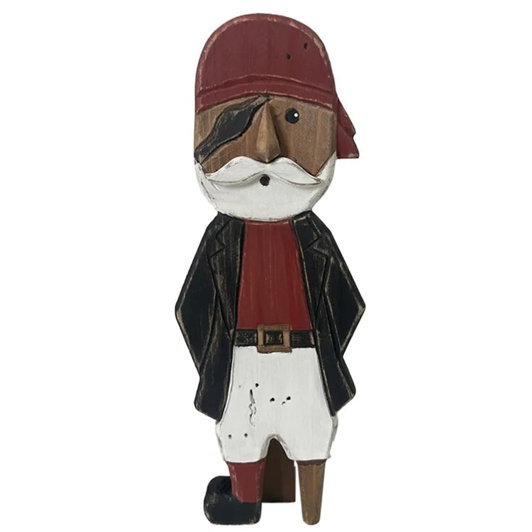Wooden pirate figure statue made from firwood standing on display with rustic nautical coastal styling, measuring 11.75 inches tall.