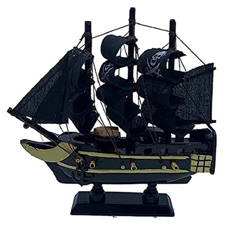 Model of a pirate ship mounted on a stand with black sails and a skull & crossbone symbol on 2 masts. Gold/brown accents