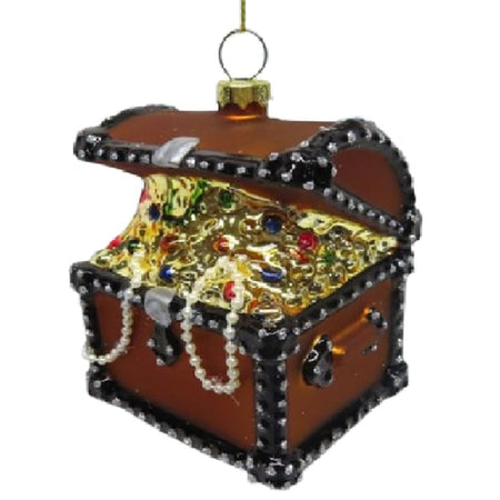 December Diamonds 79-79509 blown glass treasure chest Christmas ornament with gold details and glitter accents